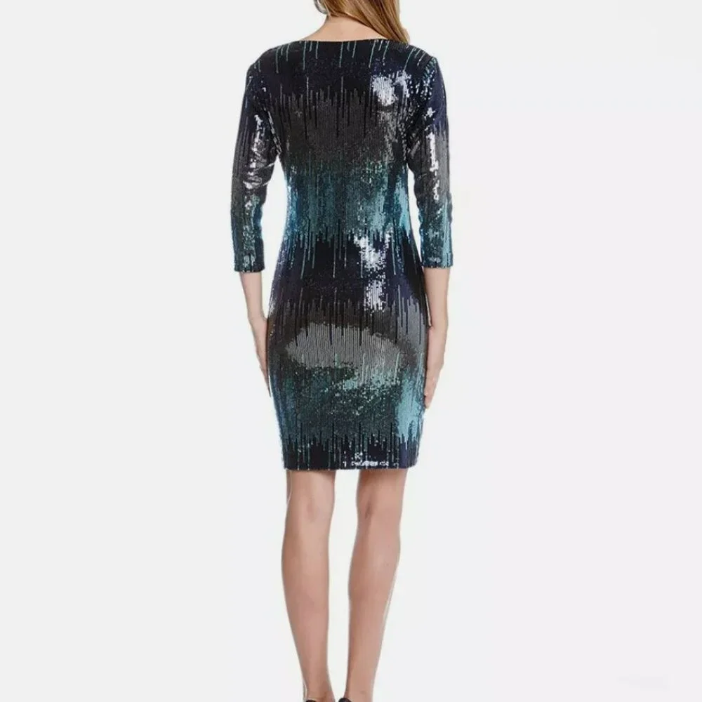 Karen Kane Blue Waterfall Sequin Sheath Dress - Picture 4 of 15